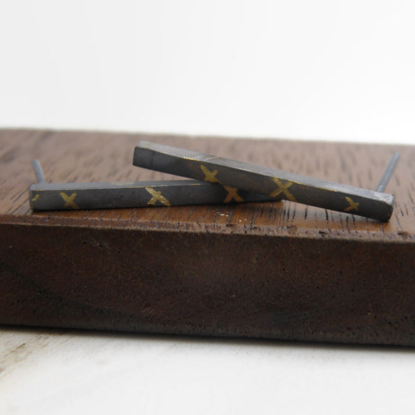 Gold Inlay Crossroads Bar Earrings