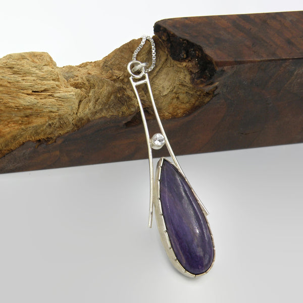 Long Elegant Statement Necklace-Teardrop Charoite with metal accents
