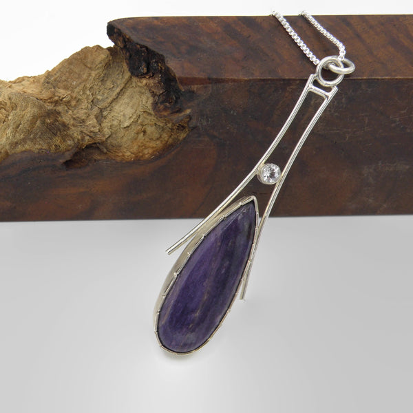 Long Elegant Statement Necklace-Teardrop Charoite with metal accents