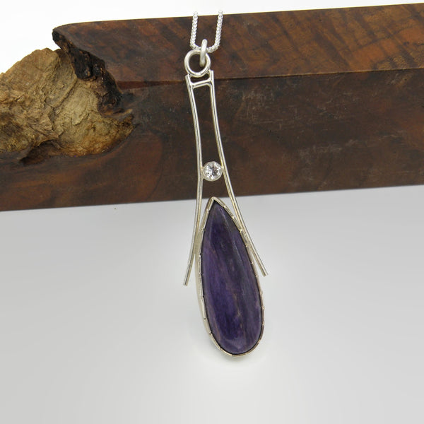 Long Elegant Statement Necklace-Teardrop Charoite with metal accents