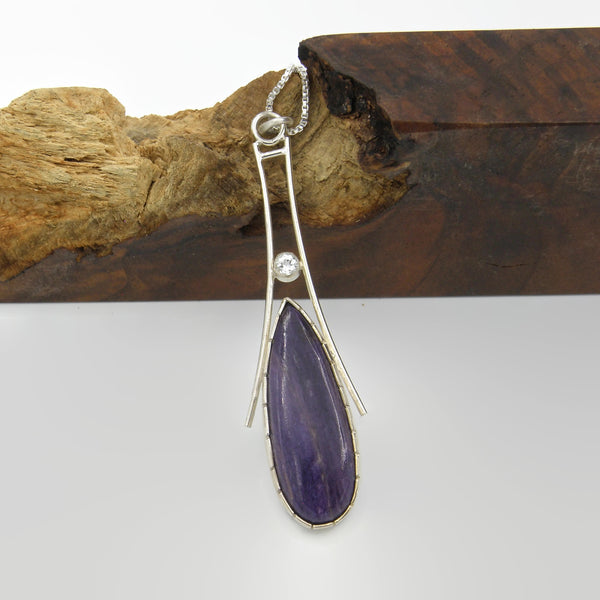 Long Elegant Statement Necklace-Teardrop Charoite with metal accents